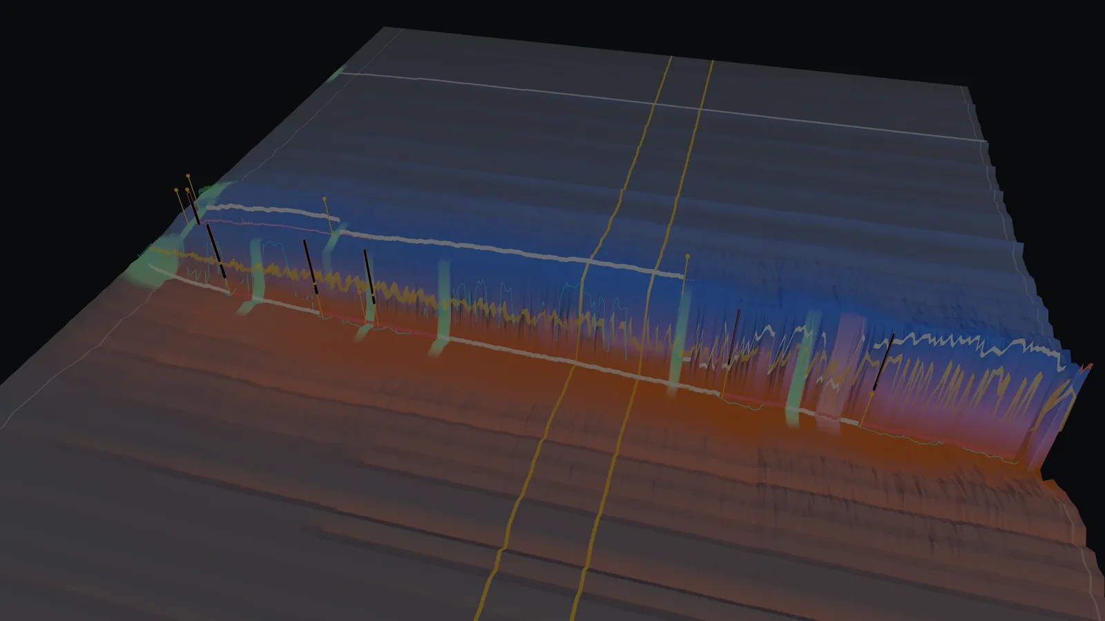 Captura del Terrain: el terreno 3D de GEX de la sesión real del 2026-08-18, con sus dos laderas y los eventos del día